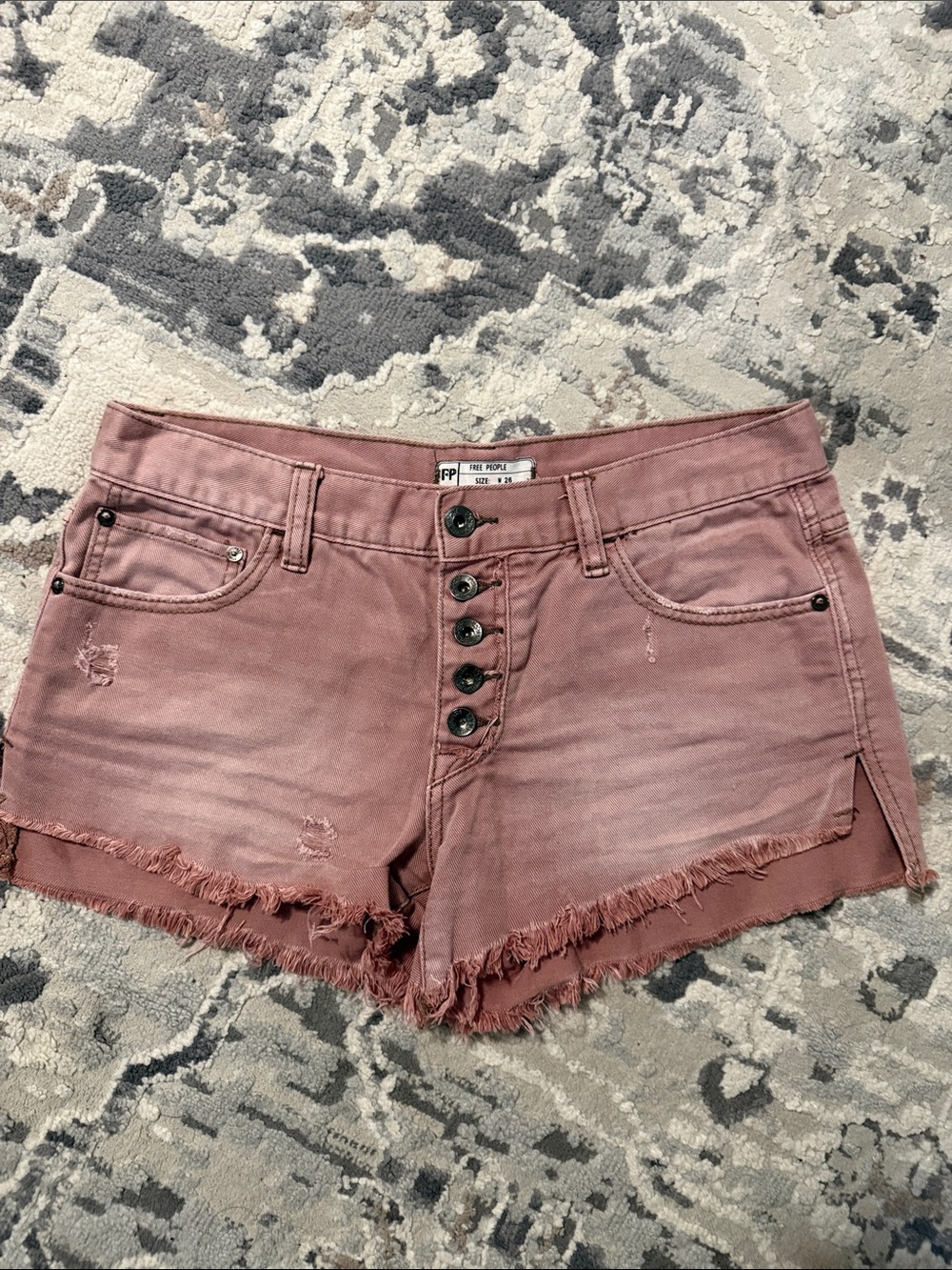 Free People Rose-Pink Button-Front Frayed Denim Shorts